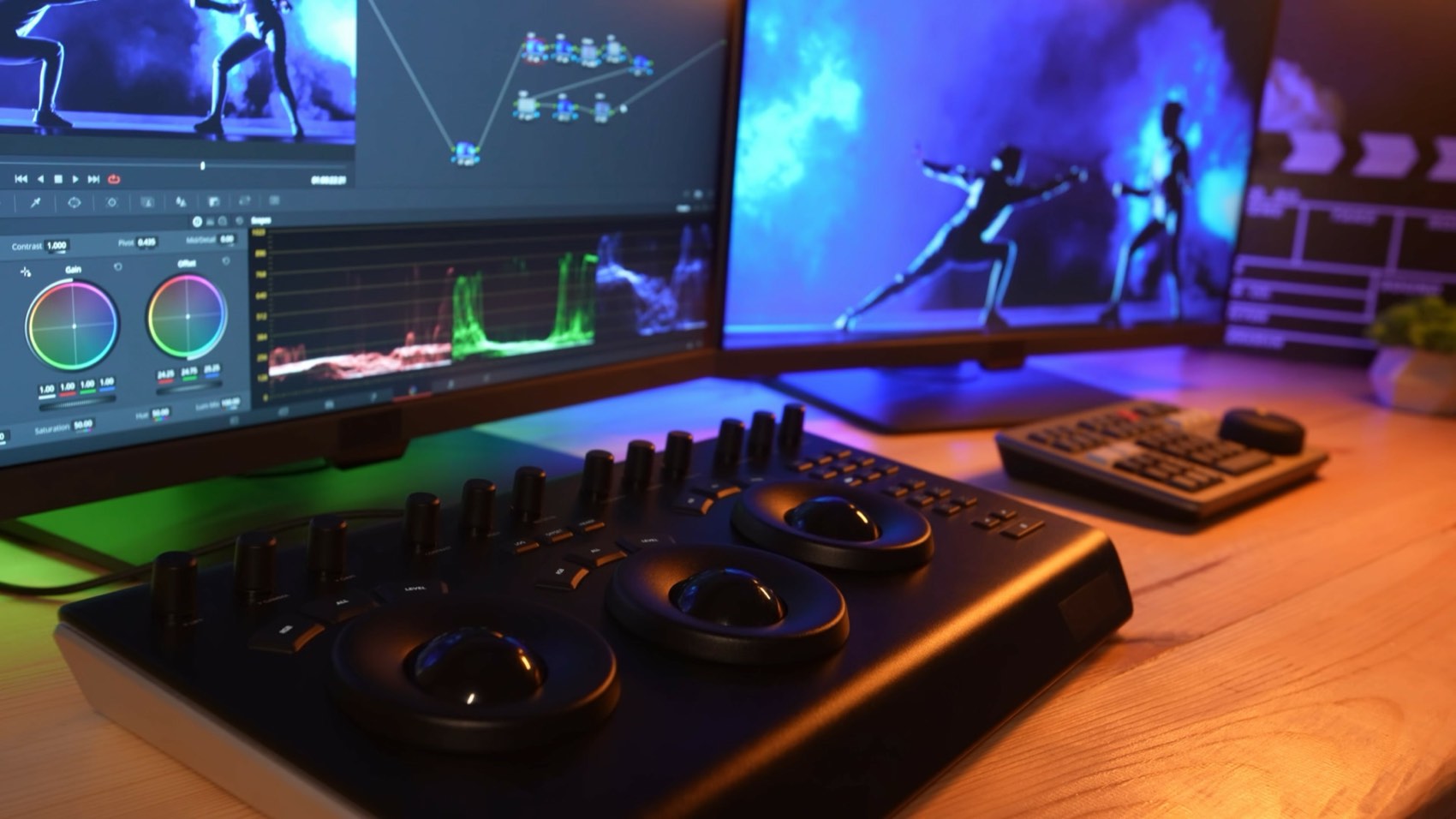 A colour grading suite lit in teal, monitors showing a cut